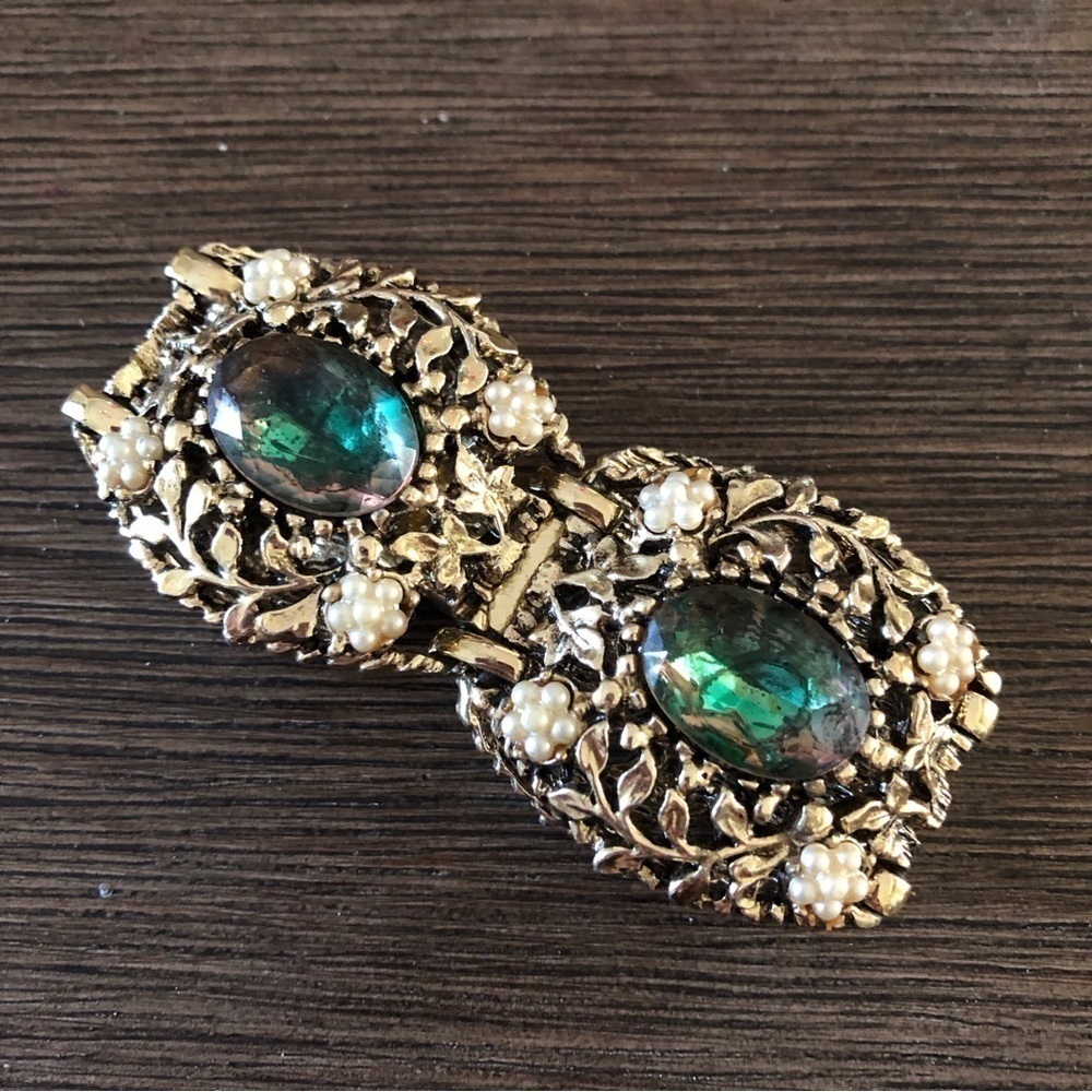 Vintage mid-century green & gold metal bracelet